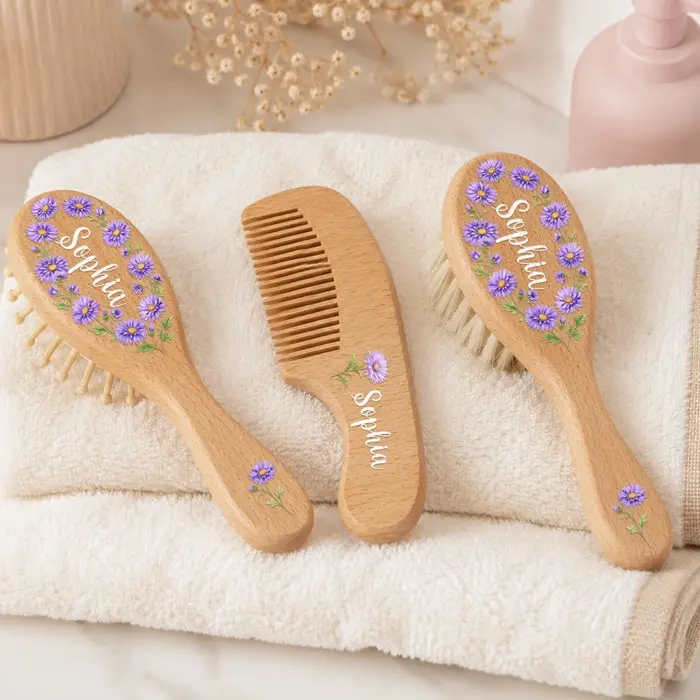 Custom-Made Wooden Baby Hairbrush Set ~ Hello Little One - Image 2