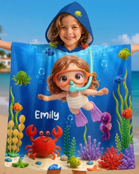 Custom-Made Photo Poncho Beach Towel - Little Ocean Explorer