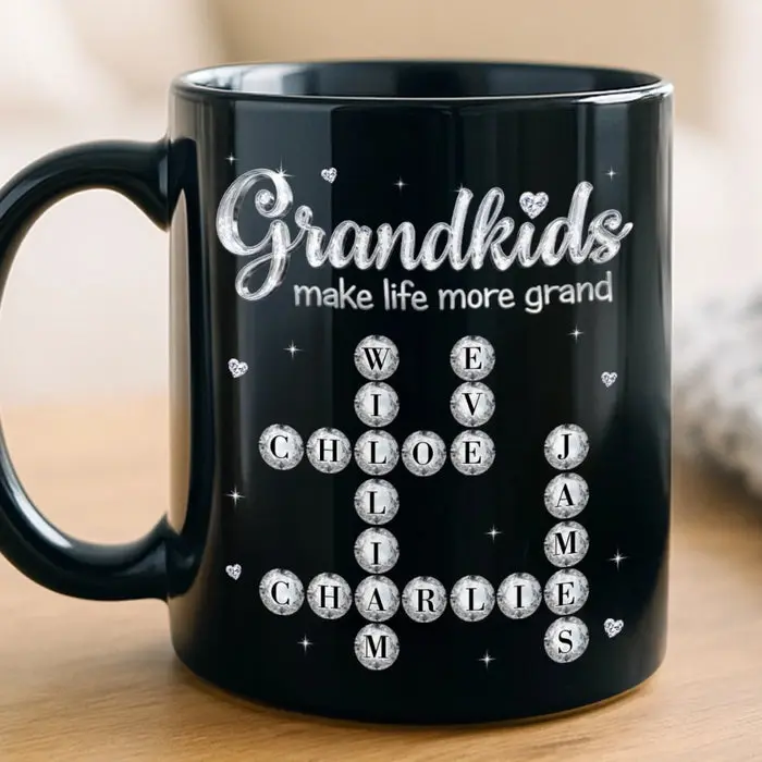 Made-to-Order Scrabble Black Mug ~ Happiness Is Grandkids
