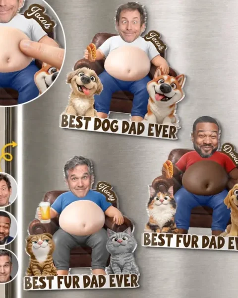 Tailored Photo Dad Bod Belly Squishy Acrylic Fridge Magnet – Personalized Birthday Gifts For Dog Cat Lovers, Dog Dad, Cat Owners – Living His Best Life