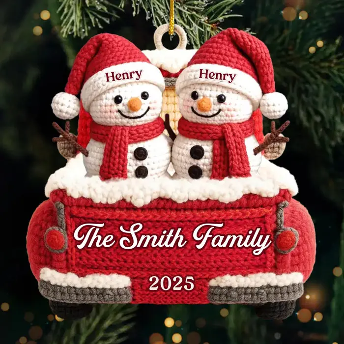 Made-to-Order Crochet Snowman Acrylic Ornament ~ Our Family Our Treasure - Image 2