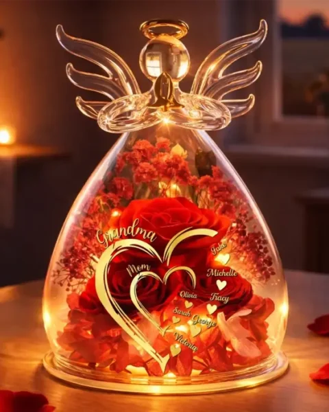 Custom-Made Angel Glass Dome With Preserved Flowers ~ Grandma’s Love Blooms Forever