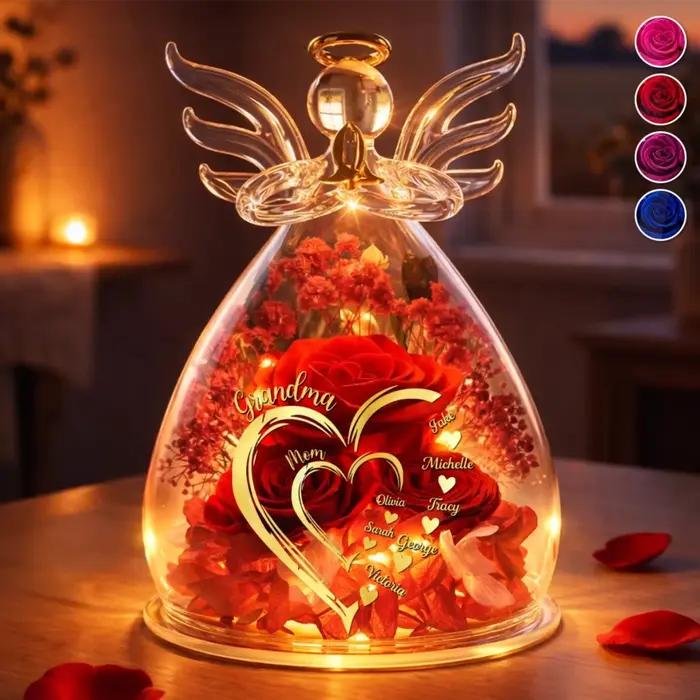Custom-Made Angel Glass Dome With Preserved Flowers ~ Grandma’s Love Blooms Forever