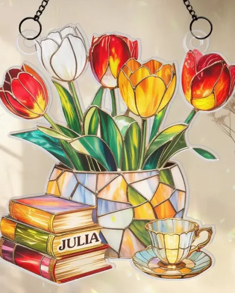 Personalized Window Hanging Suncatcher Ornament ~ Reading In Full Bloom