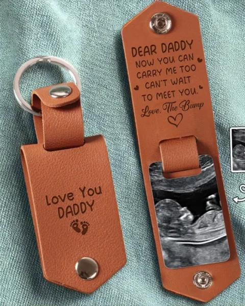 Personalized Photo Engraved Leather Keychain - Your Little Miracle Is On The Way