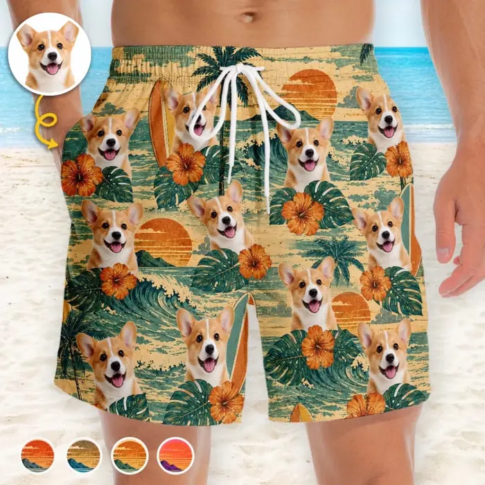 Bespoke Photo Tropical Hawaiian Aloha Men Beach Shorts - Golden Hour, Golden Pups