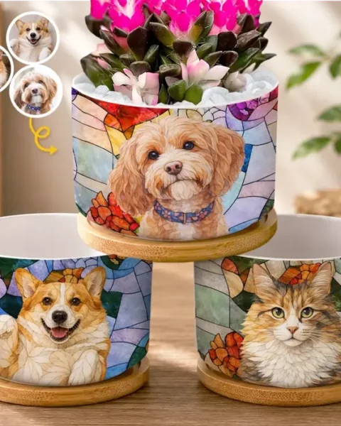 Personalized Photo Stained Glass Home Decor Ceramic Plant Pot ~ Blooming With Pet Love