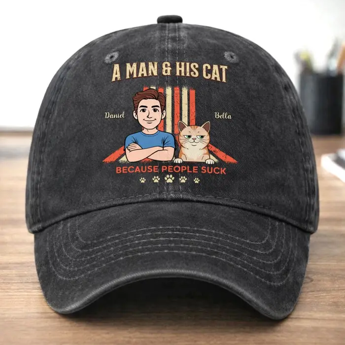 Personalized Vintage Washed Denim Baseball Cap - My Cat Is My Boss