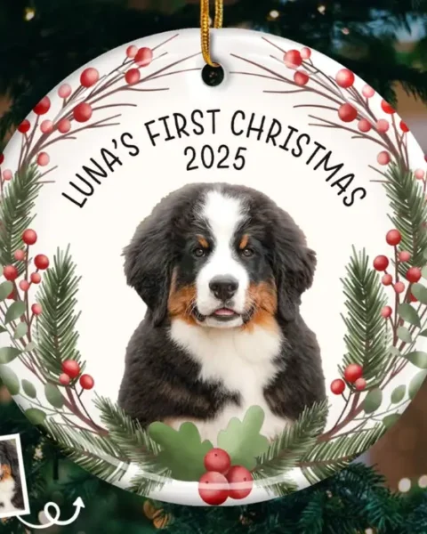 Made-to-Order First Christmas Pet Ceramic Ornament - Barking Through The Snow