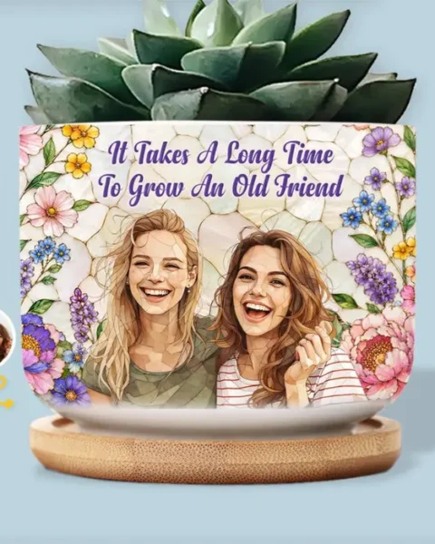 Personalized Photo Stained Glass Home Decor Ceramic Plant Pot - Growing Old Friends Together