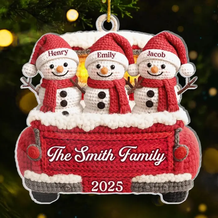 Made-to-Order Crochet Snowman Acrylic Ornament ~ Our Family Our Treasure