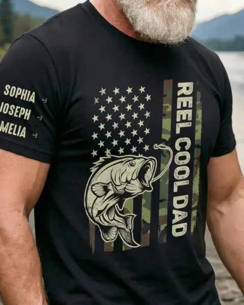 Personalized Unisex T-Shirt With Design On Sleeve - Best Dad In The Reel World