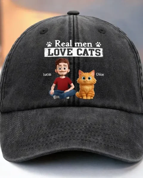 Custom-Made Vintage Washed Denim Baseball Cap | Cool Guys Love Kitties