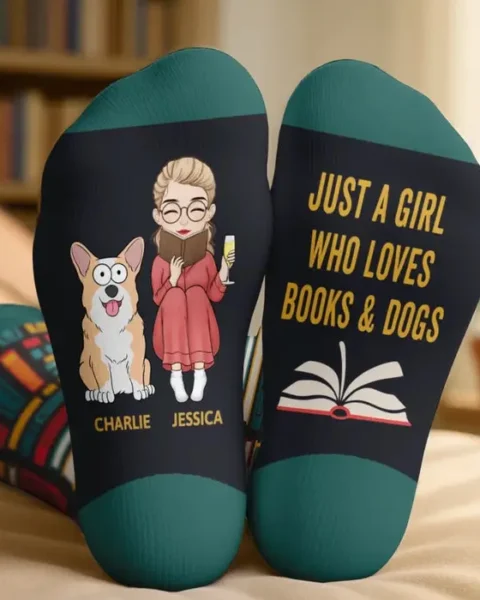 Custom-Made Crew Socks - Page Turner, Pup Lover
