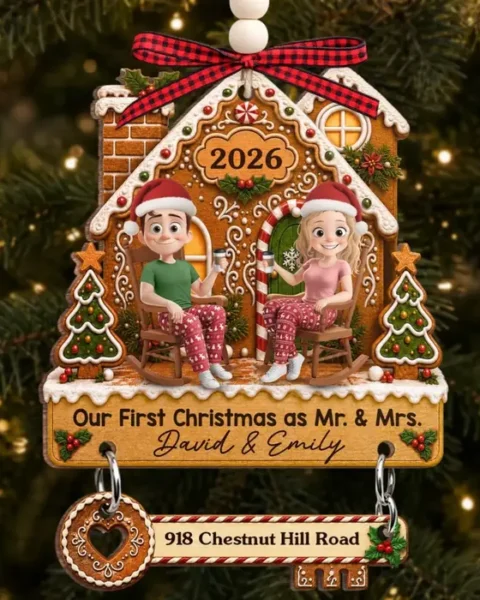 Personalized First Christmas Wooden Ornament With TagUnder Our Snowy Roof