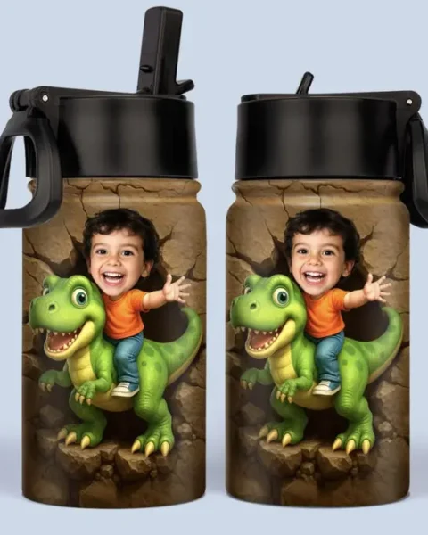 Made-to-Order Photo 3D Inflated Effect Printed Kids Water Bottle - Roar Into Every Adventure