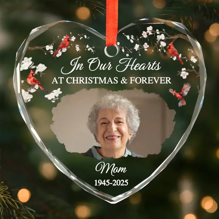Custom-Made Photo Heart Glass Ornament - In Our Hearts At Christmas & Forever - Image 2