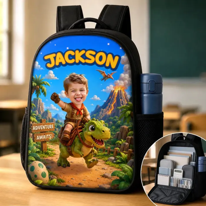 Made-to-Order Photo Kids Front Printed BackpackChasing Dreams And Dinosaurs - Image 2
