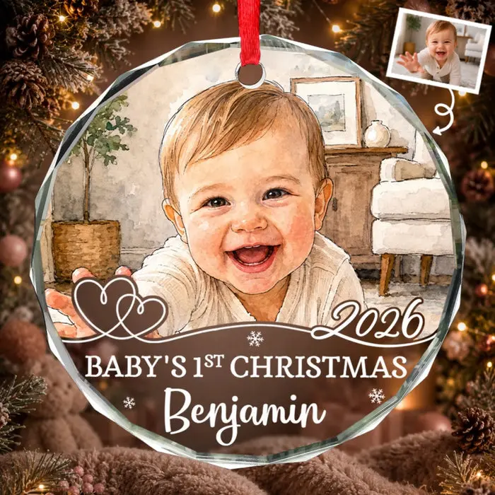 Bespoke Photo First Christmas Circle Glass Ornament ~ Little Joy Big Love