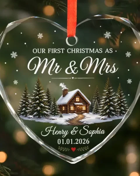 Custom-Made First Christmas Heart Glass Ornament ~ Mr And Mrs Christmas