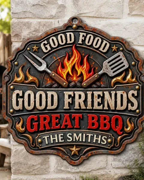 Tailored BBQ Shaped Metal Sign | Good Food Good Friends