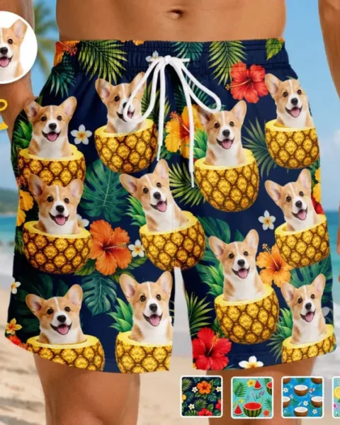 Personalized Photo Tropical Hawaiian Aloha Men Beach ShortsSunshine And Wagging Tails
