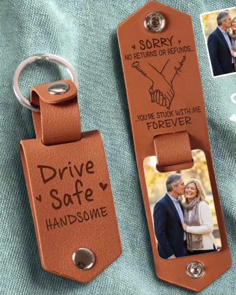Bespoke Photo Engraved Leather Keychain - Love Grows Where We Belong