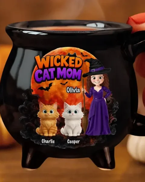 Bespoke 12oz Ceramic Cauldron Coffee Mug - The Witching Hour With My Cats
